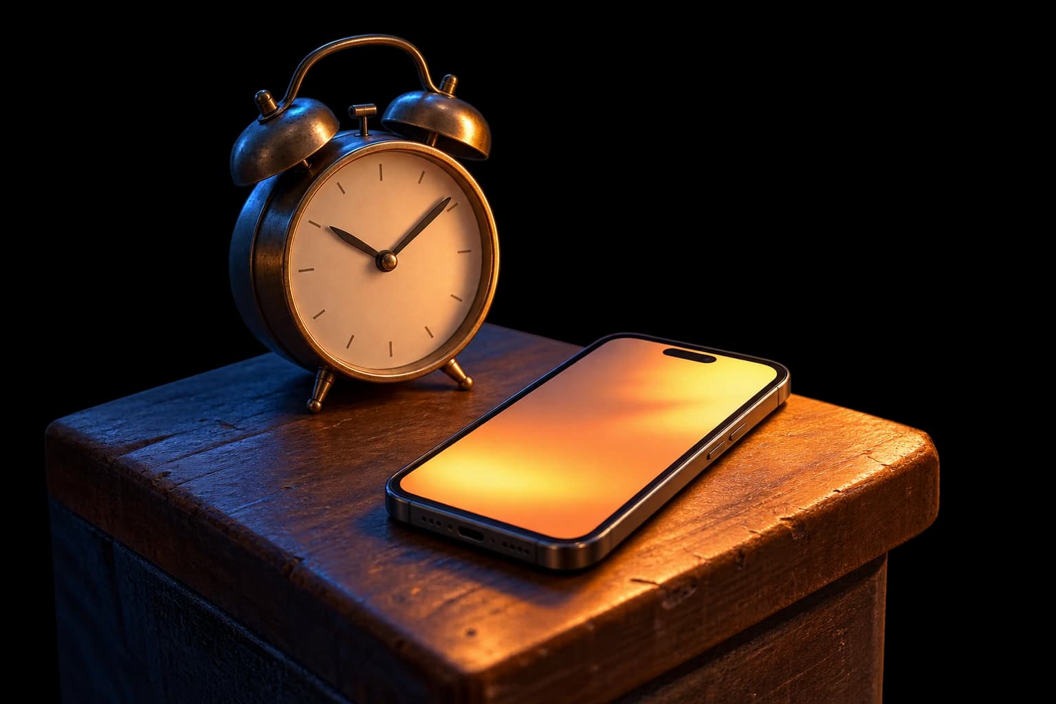 An alarm clock beside a phone glowing softly on a nightstand, late at night turning to morning