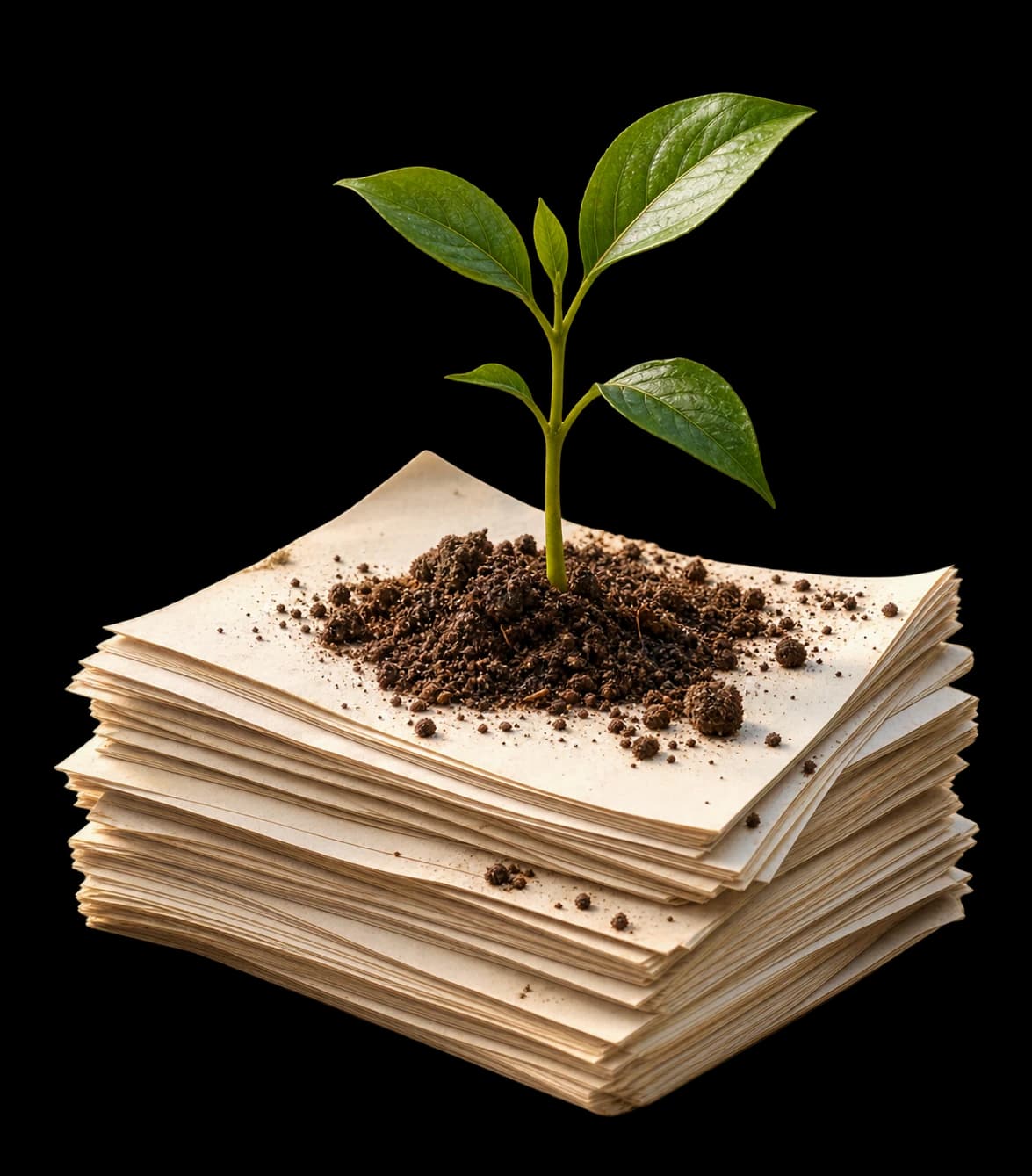 A small green seedling growing out of a stack of blank paper